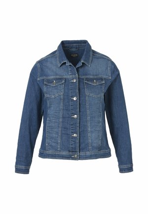 Blaue Jeansjacke mit langen Ärmeln, Knopfleiste vorne, zwei Brusttaschen mit Klappen und Kragen, auf weißem Hintergrund abgebildet.