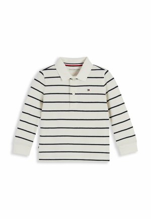 Weißes langärmliges Poloshirt mit schwarzen horizontalen Streifen und kleinem Tommy Hilfiger-Logo auf der linken Brust.