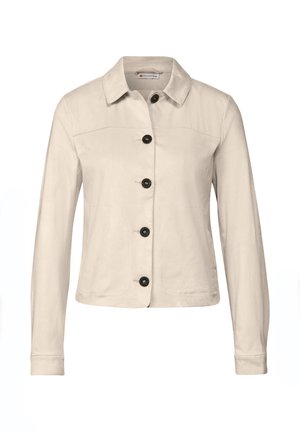 Light beige jacket with a collar, long sleeves, six front buttons, two side pockets, and a smooth fabric texture.