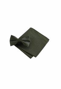 Dark green patterned bow tie and pocket square set; textured fabric with small yellow accents and sharp edges, folded for display.