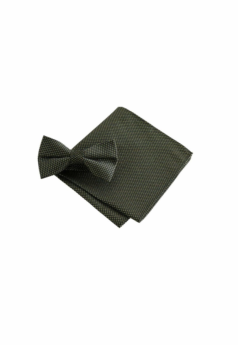 Dark green patterned bow tie and pocket square set; textured fabric with small yellow accents and sharp edges, folded for display.