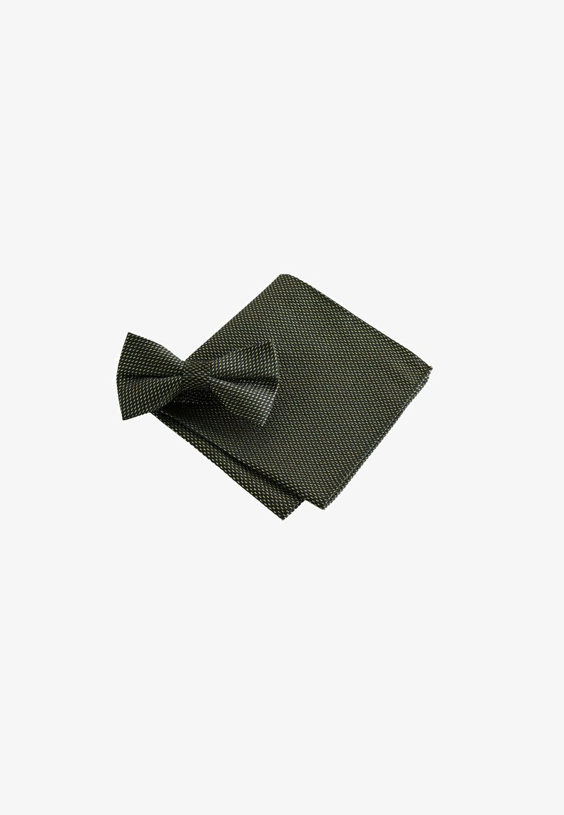 Dark green patterned bow tie and pocket square set; textured fabric with small yellow accents and sharp edges, folded for display.