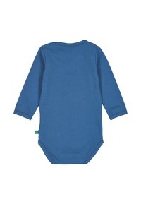 Long-sleeve baby bodysuit in solid blue cotton, featuring a rounded neckline and snap closures at the bottom for easy dressing.