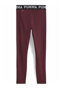 Bordeaux leggings med en sort talje, der har hvid "PUMA" tekst. Lavet af strækbart materiale, designet til komfort og aktiv brug.