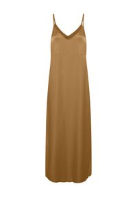 Langes, ärmelloses Kleid in einem warmen, reichhaltigen Braunton. Aus glattem, glänzendem Stoff mit einem V-Ausschnitt und dünnen, verstellbaren Trägern gefertigt.