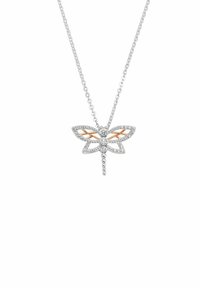 Hängsmycke i form av en silverdrake med kristalldetaljer, detaljerade vingar med roséguldaccent och en delikat kedja.