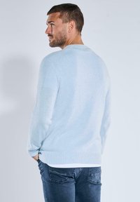 Hellblauer Strickpullover mit gerippten Bündchen und Saum, ausgestattet mit einem klassischen Rundhalsausschnitt. Getragen mit dunklen Jeans, von hinten aufgenommen.