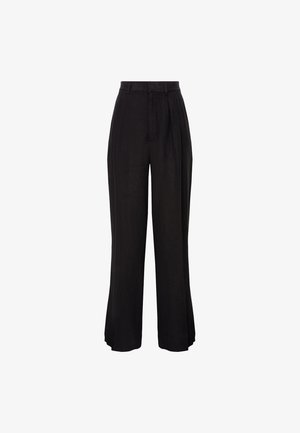 Sorte, brede bukser lavet af letvægtsstof med plisseret frontdesign, der har høj talje og rene kanter.