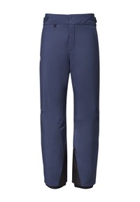 Pantalons imperméables bleu marine au design épuré, avec fermeture éclair, bouton, poignets élastiques et accents noirs aux ourlets.