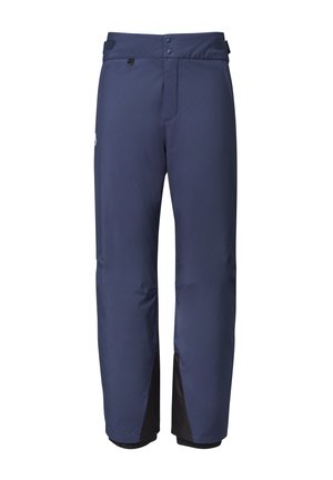 Marineblaue wasserdichte Hose mit schlankem Design, ausgestattet mit einem Reißverschluss, Knopfverschluss, elastischen Bündchen und schwarzen Akzenten an den Säumen.