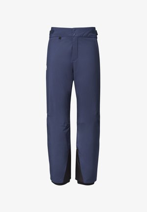 Marineblaue wasserdichte Hose mit schlankem Design, ausgestattet mit einem Reißverschluss, Knopfverschluss, elastischen Bündchen und schwarzen Akzenten an den Säumen.