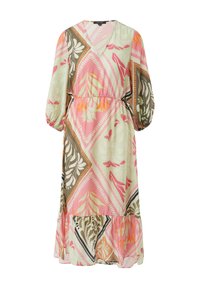 Długa, wzorzysta sukienka z lekkiego materiału. Posiada dekolt w serek, bufiaste rękawy i marszczoną talię. Kolory to różowy, zielony i brązowy.