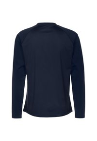 Long-sleeve shirt in dark navy, made of smooth fabric. Features a rounded neckline and raglan sleeves with contrasting stitching.