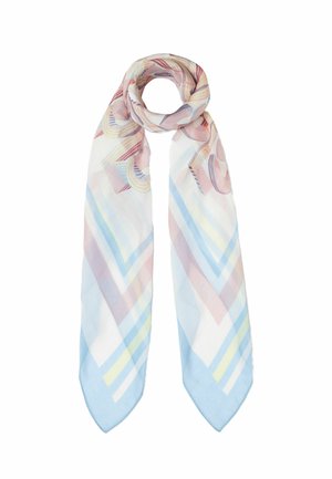 Foulard in seta con motivi geometrici pastello nei colori rosa, blu e giallo. Leggero, texture liscia e estremità a punta.