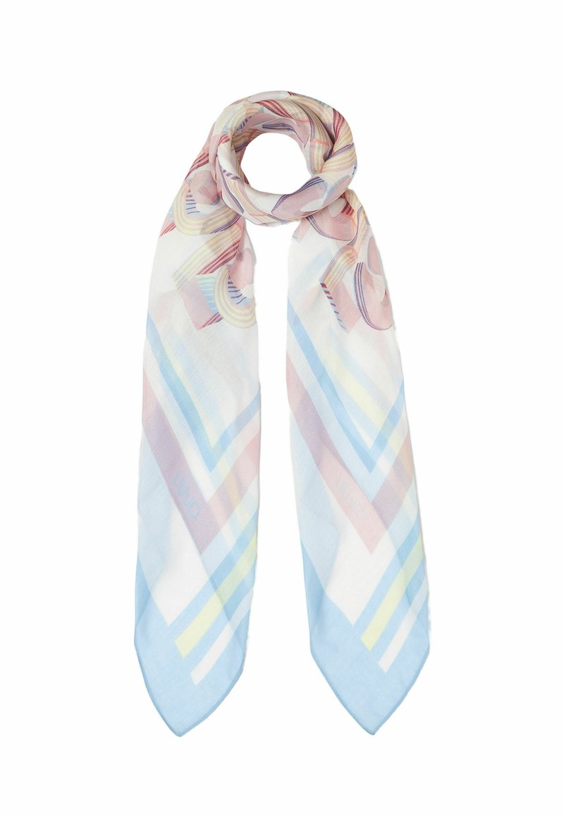 Foulard in seta con motivi geometrici pastello nei colori rosa, blu e giallo. Leggero, texture liscia e estremità a punta.