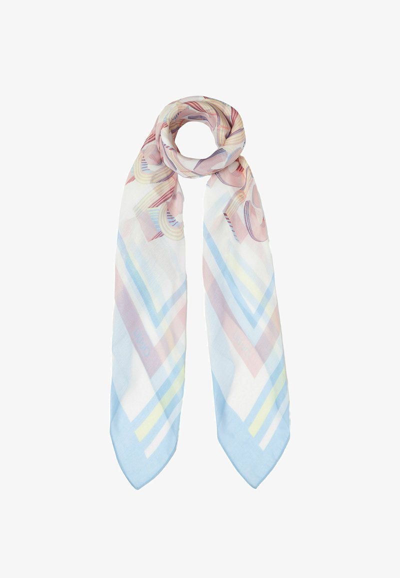 Foulard in seta con motivi geometrici pastello nei colori rosa, blu e giallo. Leggero, texture liscia e estremità a punta.