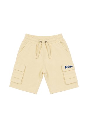 Short cargo beige avec taille élastique, cordon de serrage, poches latérales et logo Lee Cooper sur le rabat de la poche droite.