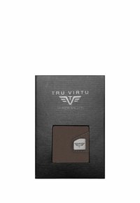 Tru Virtu wallet in brown leather, features a silver metal logo accent, presented in a textured black box with embossed text.
