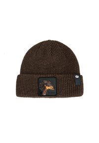 Beanie marrone lavorato a maglia con trama a coste e risvolto, con una patch ricamata a forma di testa di cane sul davanti e un'etichetta del marchio.