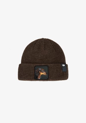 Beanie marrone lavorato a maglia con trama a coste e risvolto, con una patch ricamata a forma di testa di cane sul davanti e un'etichetta del marchio.