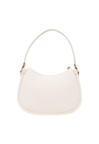Borsa a tracolla bianca in pelle con forma curva, manico singolo e dettagli in metallo dorato. Texture liscia con design minimalista.