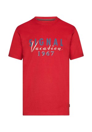 Rød T-shirt med korte ærmer med blå og hvid tekst "Signal Vacation 1967" på fronten.