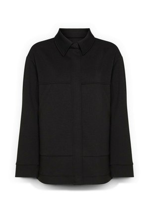 Schwarze Jacke mit Kragen, Fronttaschen und geradem Schnitt. Hergestellt aus strukturiertem Stoff mit glatter Oberfläche.