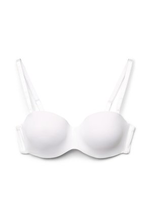 Reggiseno imbottito bianco senza cuciture con spalline sottili regolabili e con ferretto per il supporto, disteso su sfondo bianco.