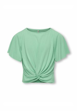 Top corto de manga corta en verde menta con cuello redondo y detalle delantero retorcido, hecho de una tela suave y ligera. Textura suave.