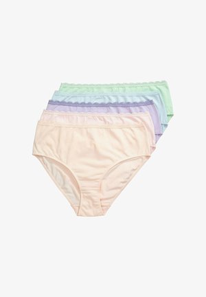 Set van vijf katoenen slips in pastelkleuren: perzik, lavendel, lichtblauw, muntgroen en lila. Voorzien van kanten afwerking langs de tailleband.