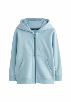 Jasnoniebieska bluza z kapturem na zamek, długie rękawy, przednie kieszenie i kaptur, wykonana z miękkiego materiału.