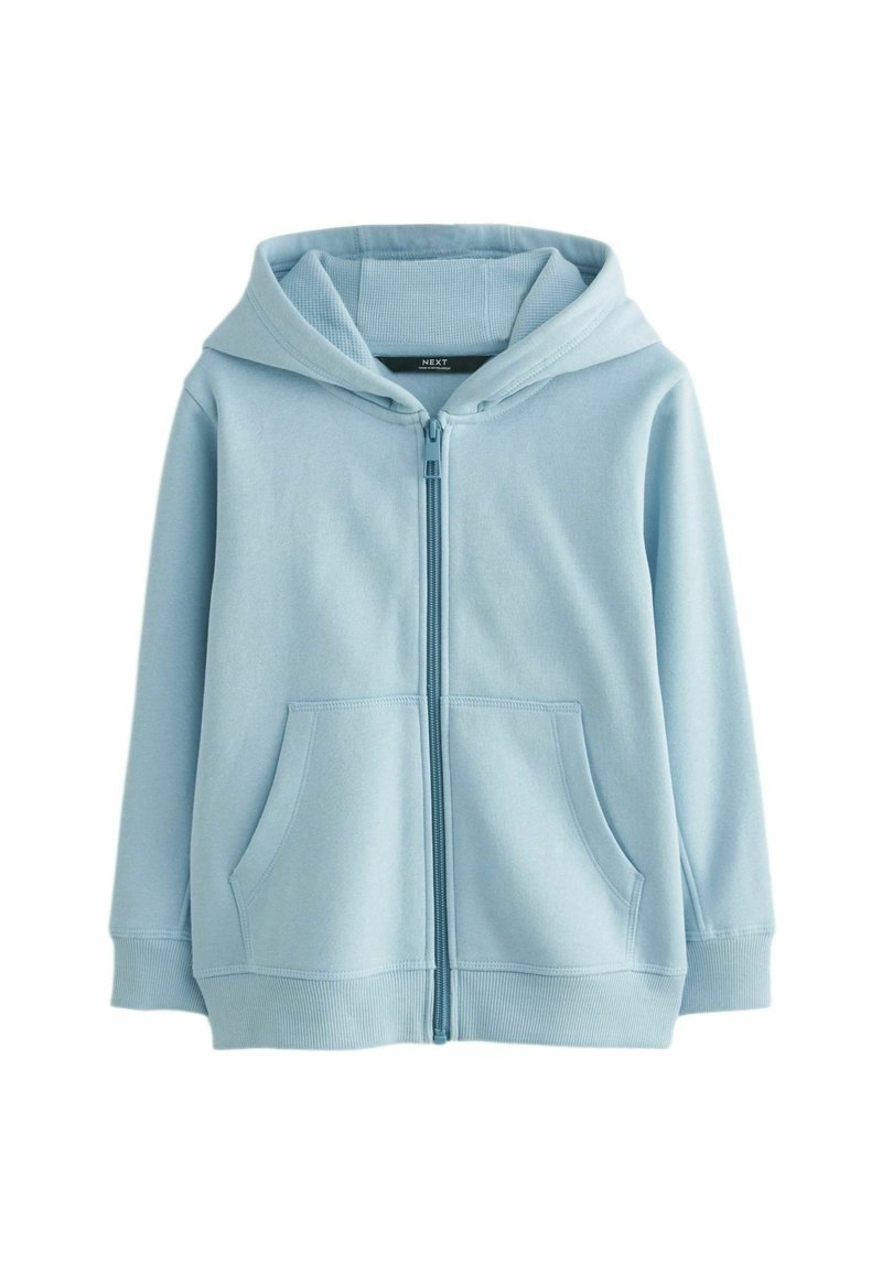 Sweat à capuche bleu clair zippé, manches longues, poches avant et capuche, fabriqué dans un tissu doux.