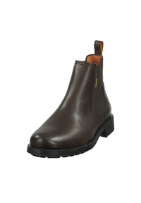 Braune Leder-Chelsea-Stiefel mit glatter Oberfläche, elastischen Seitenpaneelen und einer Zuglasche. Robuste schwarze Gummisohle und minimale Nahtdetails.