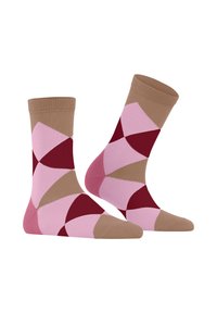 Kolorowe skarpetki wzorowane w geometryczne kształty w odcieniach różu, burgundu i beżu. Wykonane z miękkiego materiału, z prążkowanym ściągaczem.