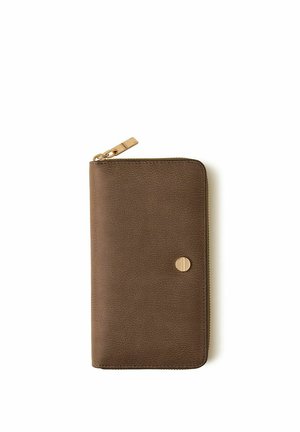Brown textured leather zip-around wallet with gold-tone zipper pull and round metallic emblem on front, shown closed on white background.