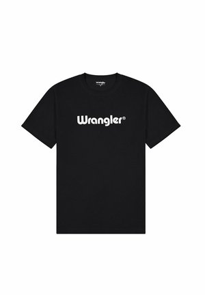 Zwarte katoenen t-shirt met witte "Wrangler" logo. Ronde hals met korte mouwen en een relaxte pasvorm. Geen aanvullende patronen of accenten.