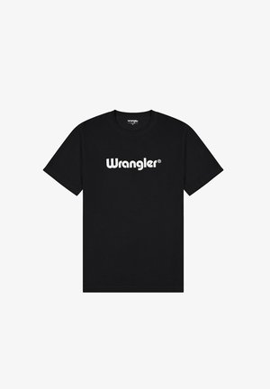 Zwarte katoenen t-shirt met witte "Wrangler" logo. Ronde hals met korte mouwen en een relaxte pasvorm. Geen aanvullende patronen of accenten.