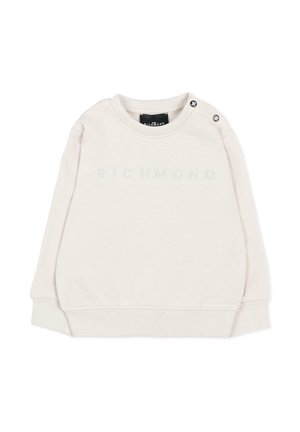 Kremowa bluza z długim rękawem z okrągłym dekoltem, ściągaczami na rękawach i dole, dwoma guzikami na ramieniu oraz subtelnym napisem "RICHMOND" z przodu.