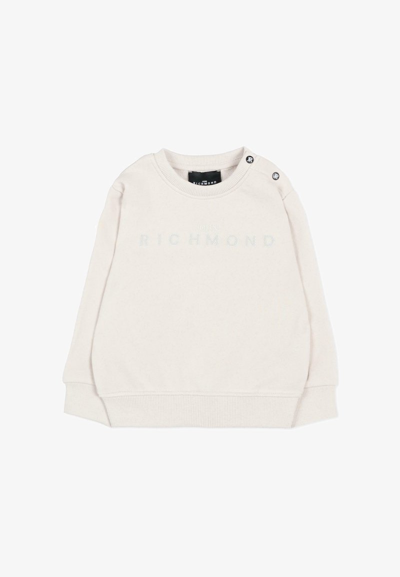 Sweat-shirt crème à manches longues avec col rond, poignets et bas côtelés, deux boutons sur l'épaule et texte discret "RICHMOND" sur le devant.