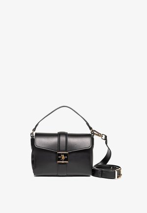 Borsa in pelle nera con manico superiore, tracolla removibile e chiusura in metallo dorato con emblema di cavallo e cavaliere.