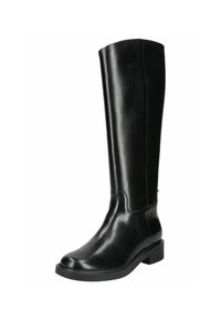 Bota negra de cuero hasta la rodilla con un acabado suave, punta redonda, tacón bajo y detalles de costura mínimos. Diseño simple y clásico.