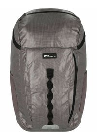 Mochila gris hecha de un tejido texturizado con acentos de cremallera negra, un bolsillo frontal y un detalle en bucle en el centro. Logotipo en el panel frontal.