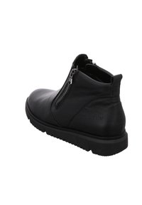 Schwarze Lederstiefeletten mit dualen seitlichen Reißverschlüssen, runder Spitze, strukturierten Oberflächen und einer profilierten Gummisohle für besseren Halt.