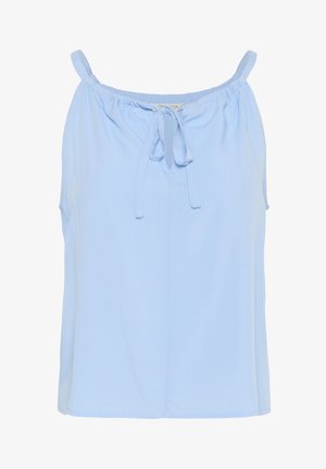 Top senza maniche di colore azzurro chiaro, realizzato in un tessuto morbido con un colletto arricciato e dettaglio con lacci regolabili nella parte anteriore. Orlo dritto.