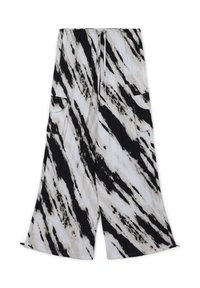 Schwarz-weiße gemusterte Palazzo-Hosen mit elastischem Bund und zwei Seitentaschen. Der Stoff hat eine leichte, strukturierte Optik.