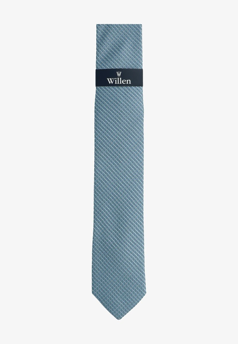 Blue patterned tie with a textured geometric design. Fabric has a smooth sheen, finished with a black label featuring "Willen" logo.