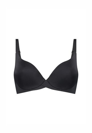 Schwarzer, geformter Unterwäsch-BH mit glatter Textur, ausgestattet mit verstellbaren Trägern und einem kreuzförmigen Design für zusätzlichen Halt.