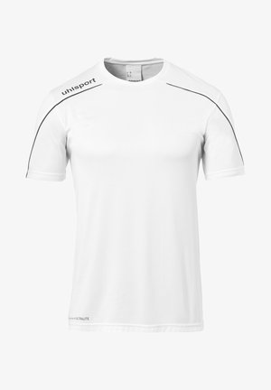 White short-sleeve athletic shirt with a crew neck, featuring black accents along the shoulders and a subtle logo on the front.