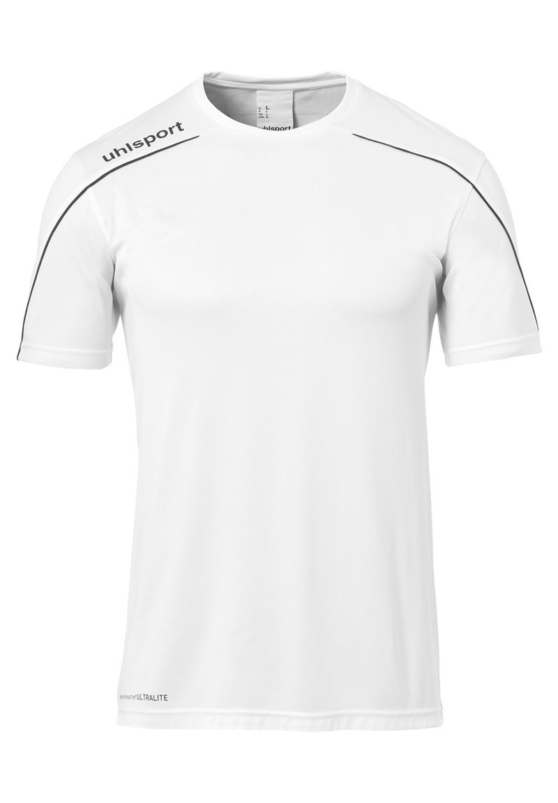 Witte sportshirt met korte mouwen en een ronde hals, met zwarte accenten langs de schouders en een subtiel logo op de voorkant.