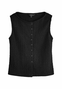 Black sleeveless top with a textured fabric, round neckline, and a front button closure, featuring multiple buttons down the center.